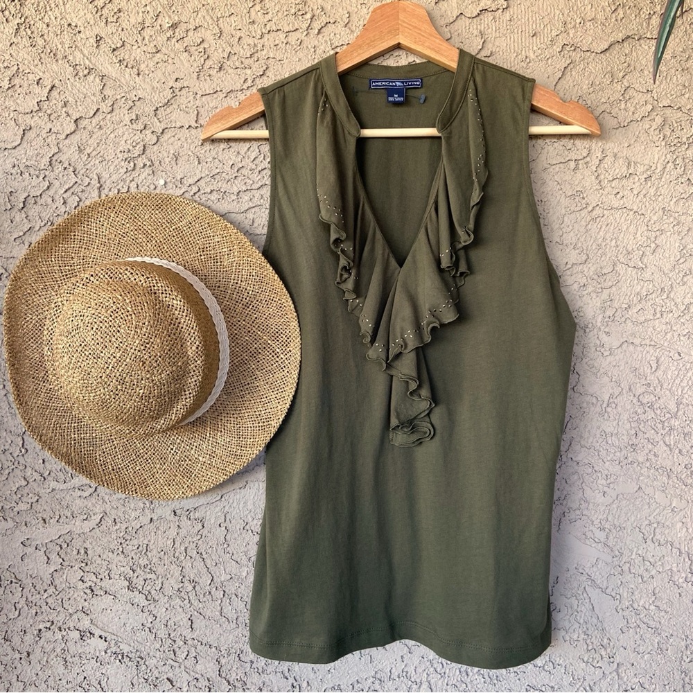 Top Blouse Olive Green Ruffled Sleeveless Small Studded Neckline Summer Vacation
